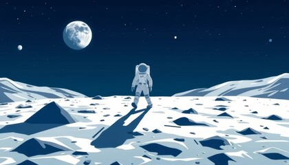 Astronaut Walking on the Moon Under Full Moonlight