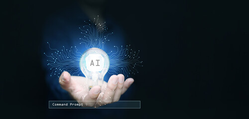 AI technology concept. Man with illuminated light bulb with smart Ai chip and command prompt....
