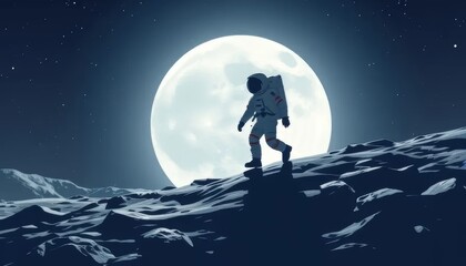 Astronaut Walking on the Moon Under Full Moonlight