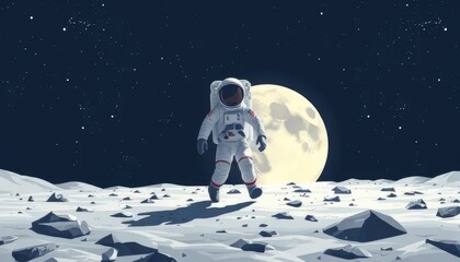 Astronaut Walking on the Moon Under Full Moonlight