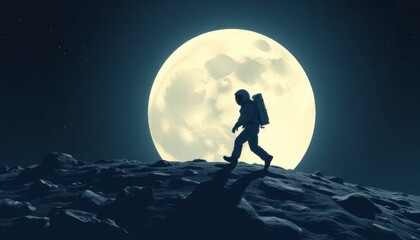 Astronaut Walking on the Moon Under Full Moonlight