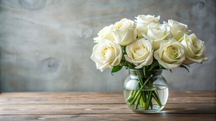 white roses bouquet in glass vase with forced perspective