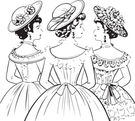 A black and white illustration of three women