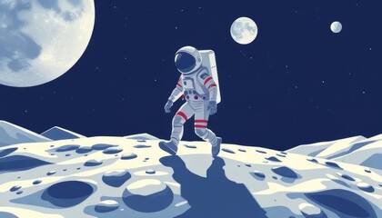 Astronaut Walking on the Moon Under Full Moonlight