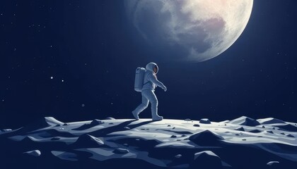 Astronaut Walking on the Moon Under Full Moonlight