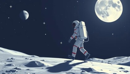 Astronaut Walking on the Moon Under Full Moonlight