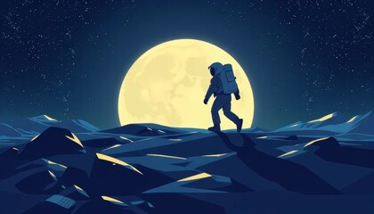 Astronaut Walking on the Moon Under Full Moonlight