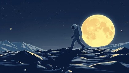 Astronaut Walking on the Moon Under Full Moonlight