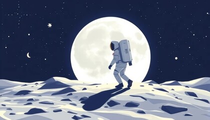 Astronaut Walking on the Moon Under Full Moonlight