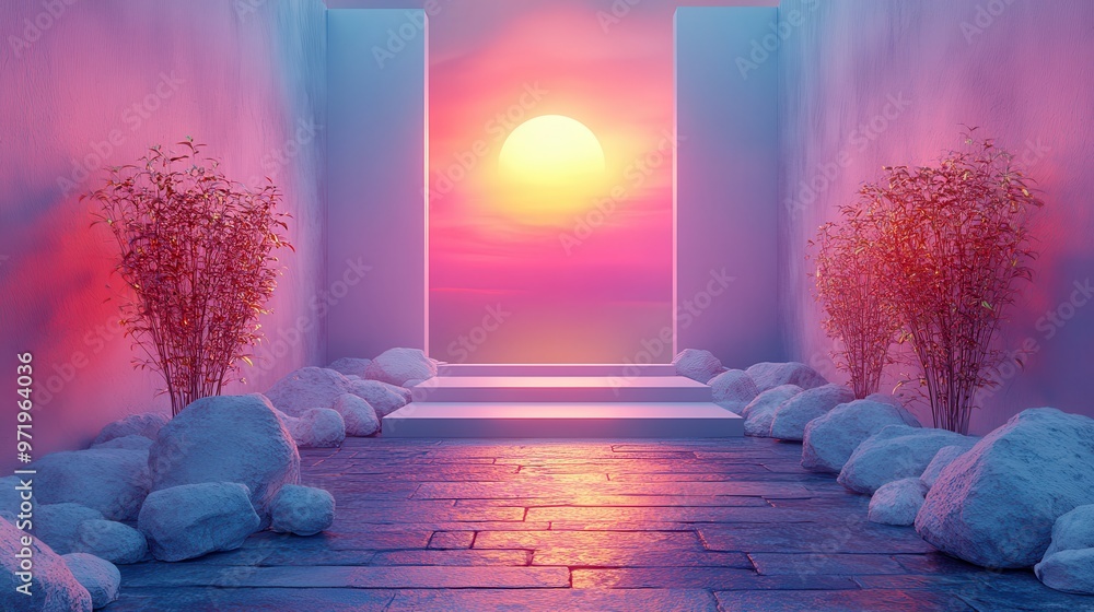 Poster abstract geometric backgroun with colorful iridescent panels golden frame white rocks an empty platf