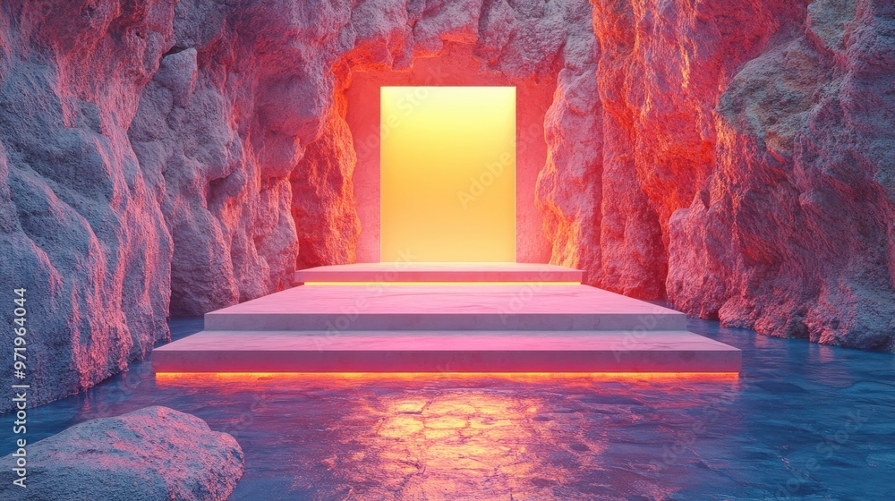 Aufkleber abstract geometric backgroun with colorful iridescent panels golden frame white rocks an empty platf