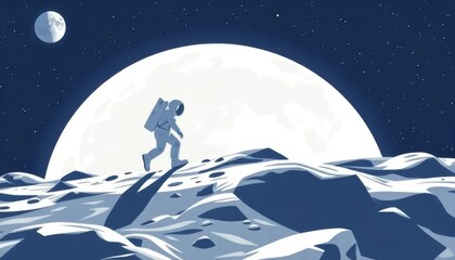 Astronaut Walking on the Moon Under Full Moonlight