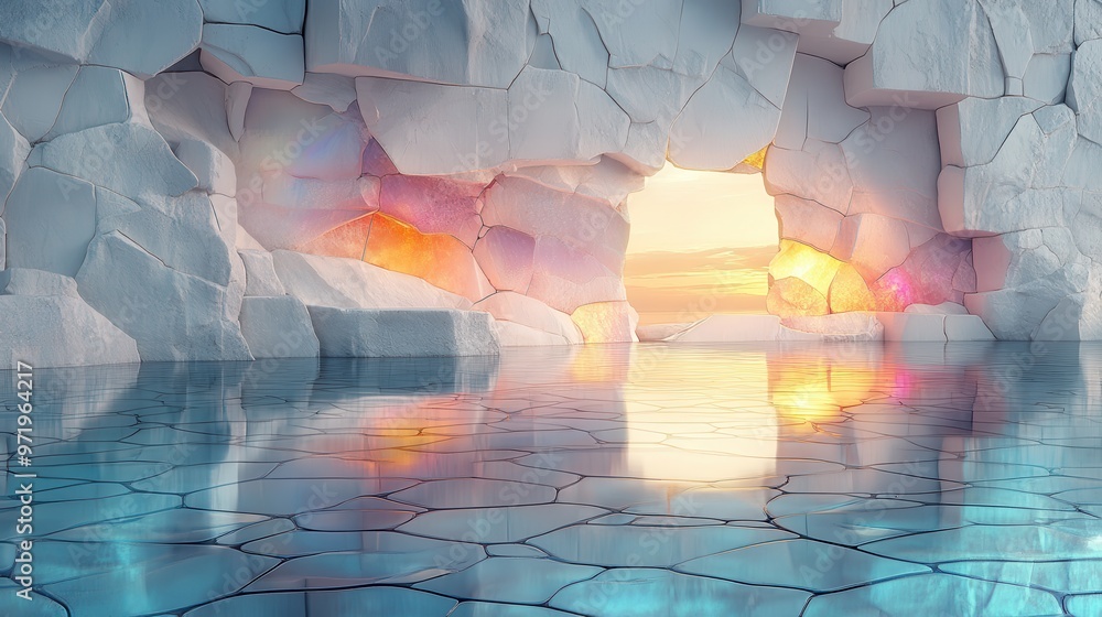 Poster abstract geometric backgroun with colorful iridescent roun shape broken white cobble stones water re