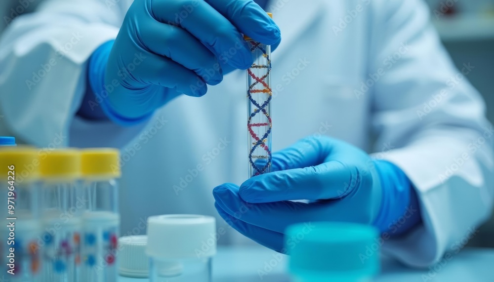 Poster scientist examining dna structure in lab
