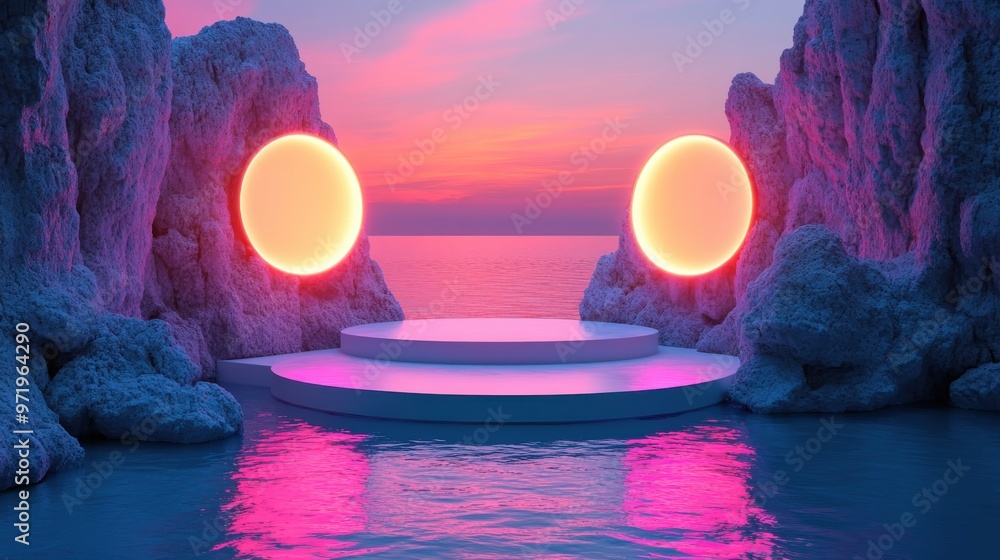 Poster abstract geometric backgroun with colorful iridescent roun shapes white rocks empty podium an water 