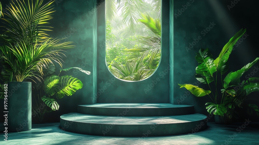 Poster abstract green backgroun empty stage with steps an cylinder podium leaf shadows an bright sunlight g
