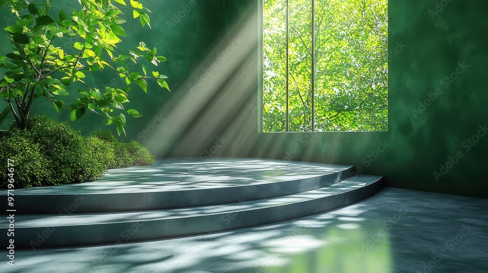 Poster abstract green backgroun empty stage with steps an cylinder podium leaf shadows an bright sunlight g