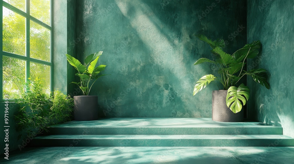 Poster abstract green backgroun empty stage with steps an cylinder podium leaf shadows an bright sunlight g