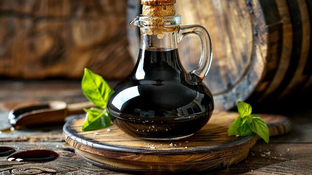 Authentic balsamic vinegar preparation from Modena with fresh basil and oak barrels