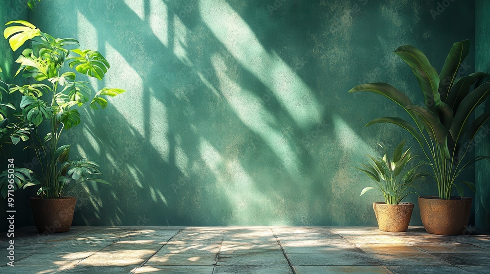 Aufkleber abstract green backgroun with shadows an bright sunlight minimal scene with rough cobble stones an g