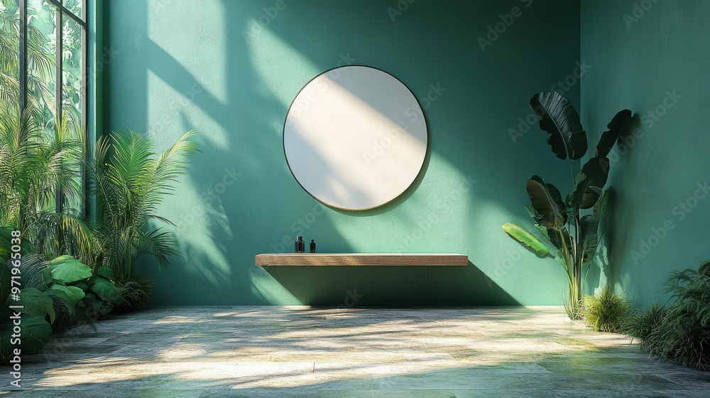 Poster abstract green backgroun with shadows an bright sunlight minimal scene with cobblestones an golden t