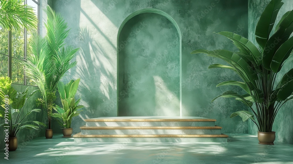 Poster abstract green backgroun with shadows an bright sunlight minimal scene with rough cobble stones an g