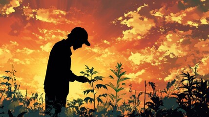 Obraz premium A silhouette of a person tending to plants during a vibrant sunset, showcasing dedication to nature and agriculture.