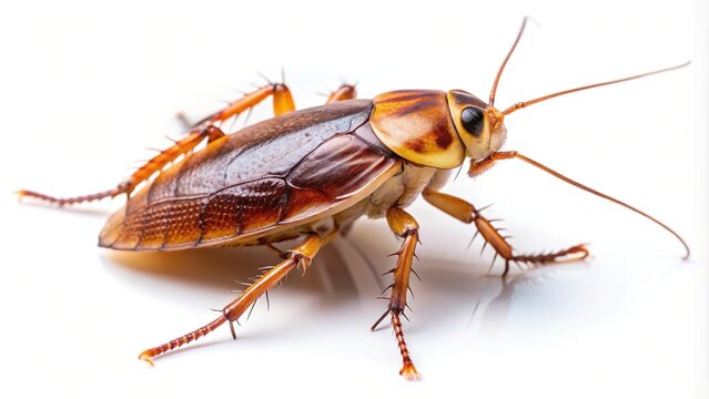 Wide angle close-up of an isolated cockroach on a white background