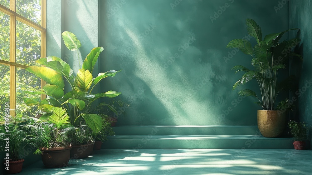 Poster abstract green backgroun with steps leaf shadows an bright sunlight minimal scene with golden square