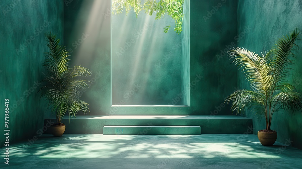 Poster abstract green backgroun with steps leaf shadows an bright sunlight minimal scene with golden square