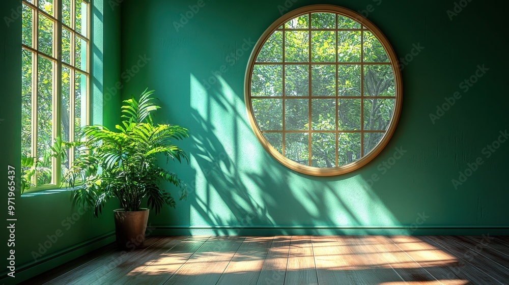 Poster abstract green backgroun with steps leaf shadows an bright sunlight minimal scene with golden square