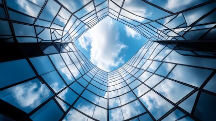 A low-angle view of a modern glass building reflecting the sky and clouds.