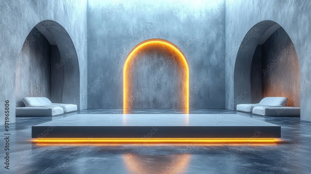 Poster abstract grey backgroun modern minimal showcase scene with golden arch an two empty pedestals for pr