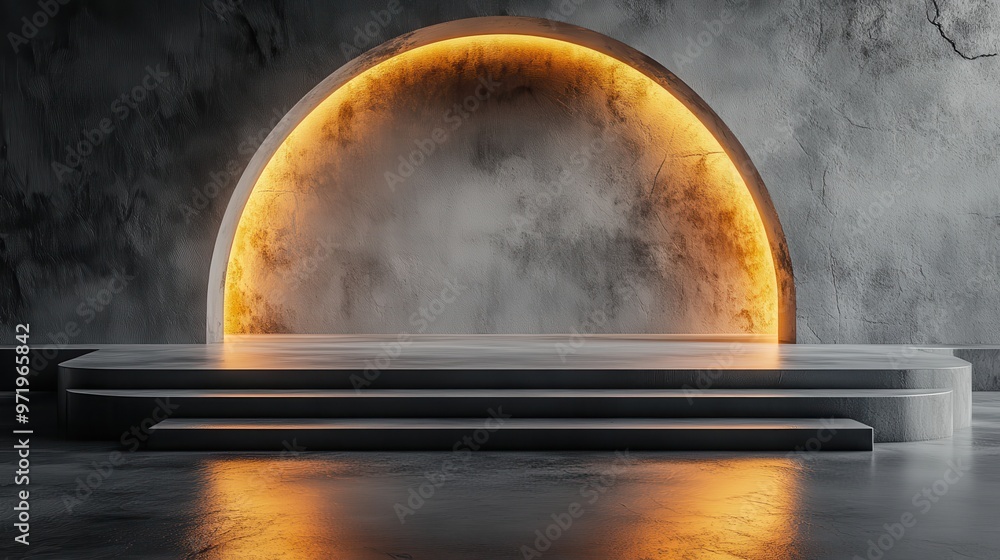 Poster abstract grey backgroun modern minimal showcase scene with golden arch an two empty pedestals for pr