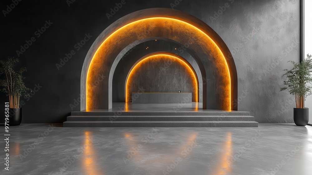 Poster abstract grey backgroun modern minimal showcase scene with golden arch an two empty pedestals for pr