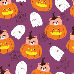 seamless pattern cartoon bear with pumpkin and ghost for halloween. cute halloween wallpaper for fabric print, gift wrap paper