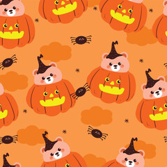 Naklejka premium seamless pattern cartoon bear with pumpkin and ghost for halloween. cute halloween wallpaper for fabric print, gift wrap paper