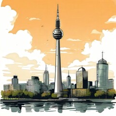 Fototapeta premium the AI Image Generator, a painting of a city with a tv tower