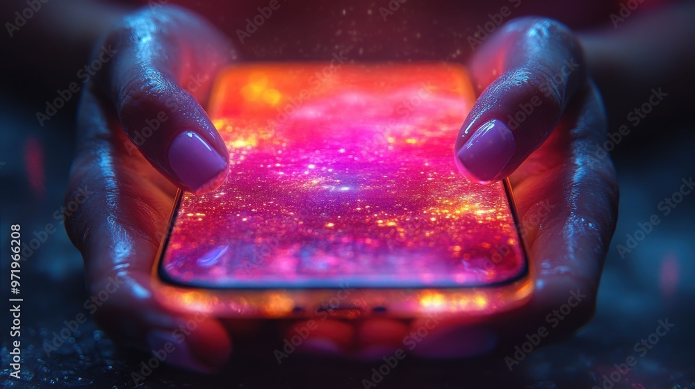 Poster abstract illustration with colorful gradient neon objects hands holding mobile phone device gaming c