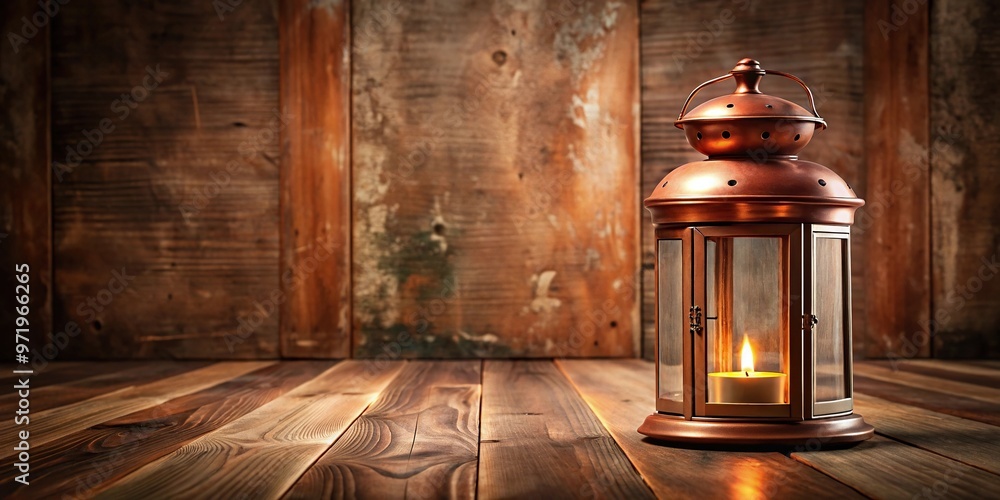 Wall mural wide-angle copper lantern with burning candle inside on wooden floor with abstract background patter