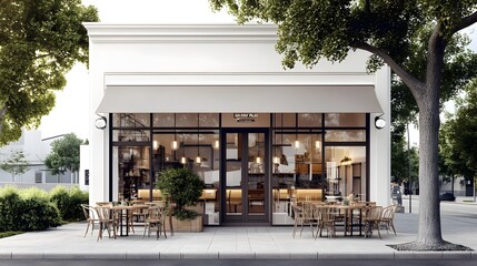 Modern Cafe Exterior with Patio Seating and Streetside View