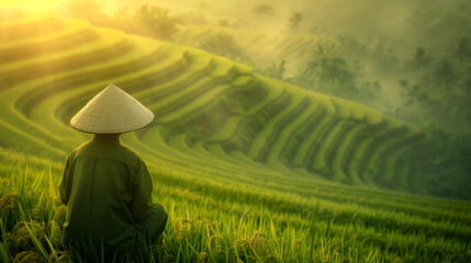 serene rice fields, early morning with mist gently rising from the ground. A farmer with hat tending to crops, the rows of rice plants perfectly aligned, creating a peaceful and picturesque scene