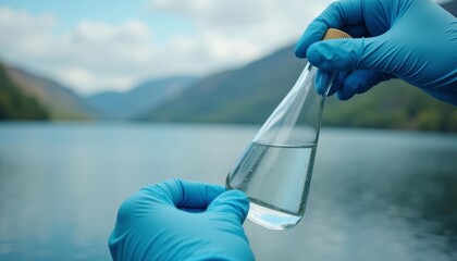  Hand holding a glass beaker filled with water set against a scenic mountain lake backdrop