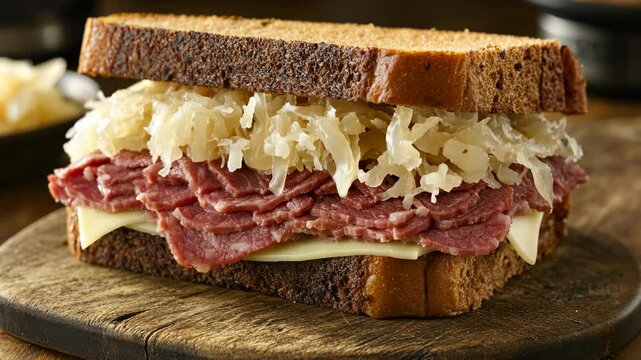 Delicious homemade reuben sandwich made with corned beef, sauerkraut, and rye bread in a cozy kitchen setting