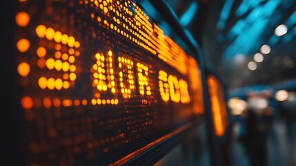 A close-up of a boarding gate sign illuminated by soft light, with the terminal bustling in the blurred background, capturing the anticipation of boarding a flight