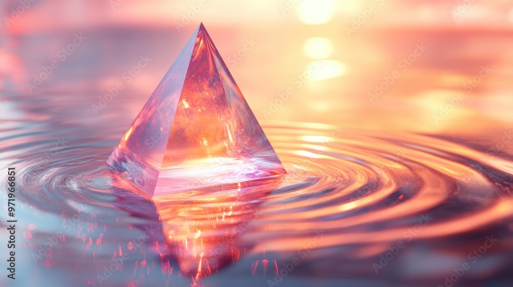 Poster abstract minimal geometric backgroun colorful iridescent triangle levitates above the water ripples 