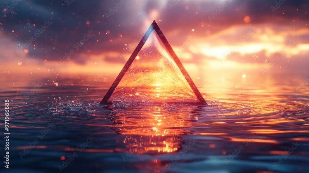 Aufkleber abstract minimal geometric backgroun colorful iridescent triangle levitates above the water ripples 