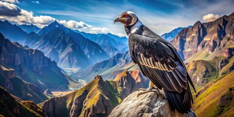 Wide-Angle Majestic Andean Condor flying over Peruvian Mountains