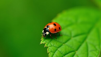  A tiny red and black ladybug on a leafy green stage