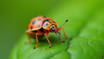 Naklejka premium A closeup of a vibrant ladybug on a leafy green background